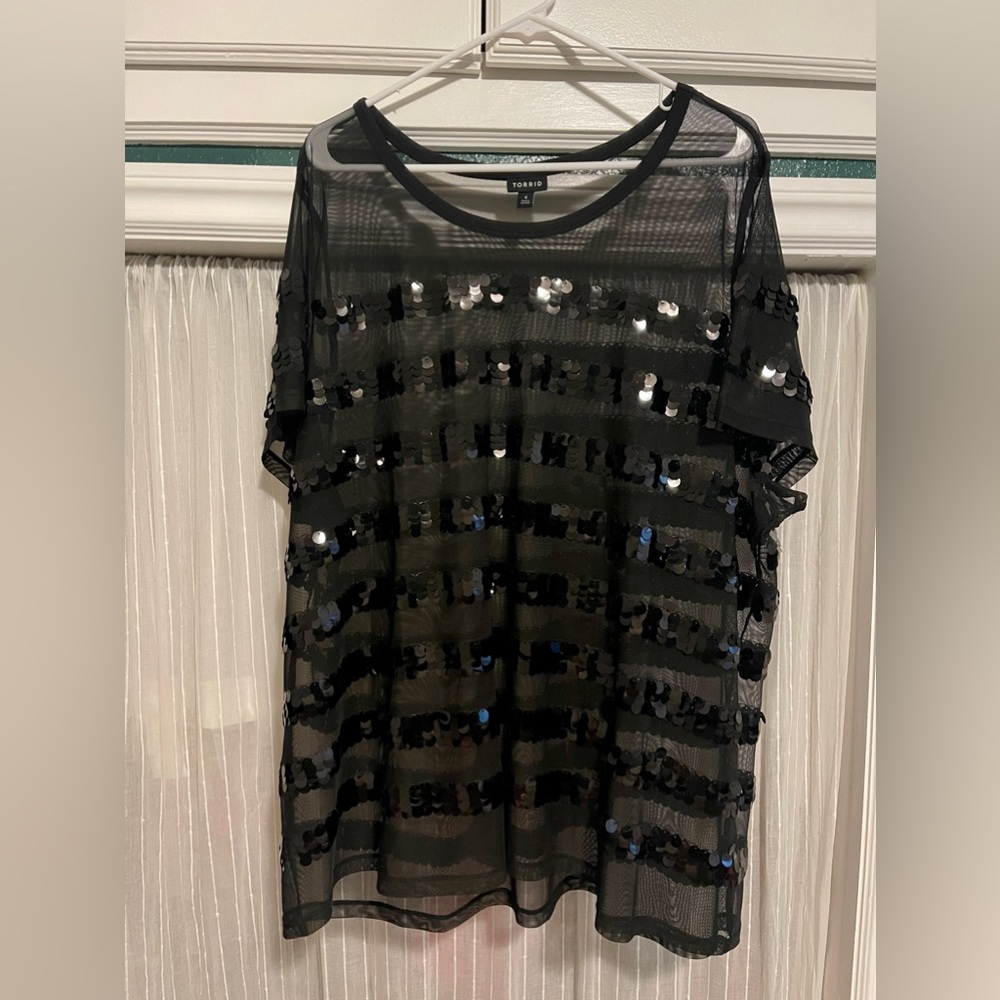 Sheer Mesh Stripe Sequin Crew Neck Tee